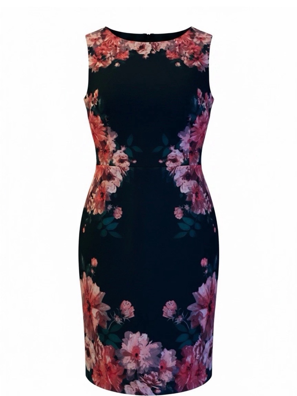 Size 12 Maggie London Black Pink Floral Fitted Hourglass Dress Teal Red Spring
